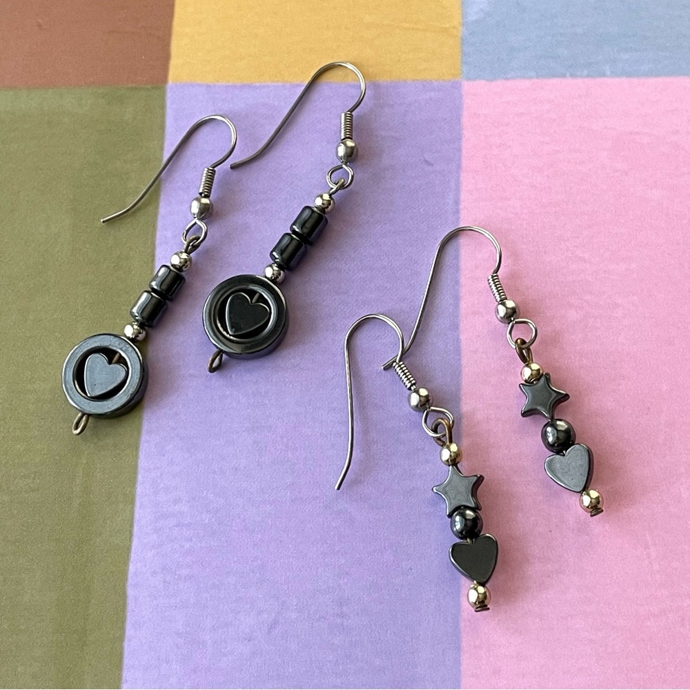 Lot of 2 pairs of vintage hematite dangle earrings hearts stars whimsigoth